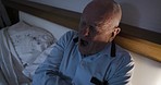 Senior man, pain and stomach ache at night lying sick in bed with Ibs, diarrhea or colon cancer in bedroom. Elderly person with pancreas, gastritis and abdominal discomfort or constipation problem