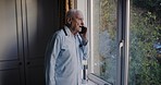 Window, phone call or elderly man in retirement house for communication, networking or talking with mobile network in home. Cellphone, senior male or grandpa with smartphone for health insurance help