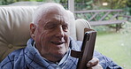 Phone, communication and voice recording with old man talking to virtual assistant, microphone or speaker. App, innovation and network with senior citizen and mobile for audio memo, message and media