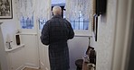 Senior man, pensioner and opening front door in house or nursing home for family visitors, Canada guests or courier delivery package. Retirement elderly, doorway and entrance in lockdown quarantine