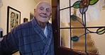 Door welcome, senior man and smile of an elderly person at home talking by front door. Portrait of happy retirement and visit to grandpa with conversation, speaking and communication at a house 