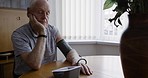 Senior man, blood pressure test or thinking in house or nursing home for life insurance check, healthcare wellness or hypertension management. Retirement elderly, cardiovascular medical exam on gauge