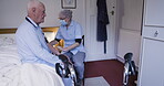 Senior man, blood pressure and caregiver in nursing home for healthcare service, disability support and covid. Diabetes, hypertension test and elderly patient with retirement medical nurse in bedroom