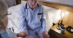 Senior man, rehab and medical check with caregiver for pulse, blood pressure or sugar. Elderly male in checkup, visit or diabetic at home with woman nurse monitoring health and wellness in bedroom