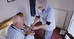 Nurse, pills and senior man in nursing home for healthcare service, disability caregiver and morning wake up routine. Real elderly person or patient retirement and medical woman with medicine help