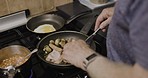 Kitchen, pan and hands cooking food for breakfast frying eggs, bacon and mushrooms on stove. Lunch, dinner and hungry man busy with meal prep with omelette, sausage and beans for nutrition at home