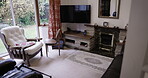 Room, help and walking stick in house, nursing home or empty living room and fireplace tv or sofa furniture. Retirement mobility, disability and cane aid in property, residential or interior design
