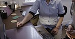 Computer, retirement and nurse with senior man at desk for teaching, learning and help with technology. Nursing home, communication and caregiver with elderly patient for support, assistance and care