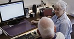 Computer, research and nurse with senior man at desk for online website, writing email and internet. Retirement, communication and caregiver help, talking and teaching elderly patient in nursing home