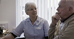 Healthcare, retirement and nurse consulting a senior man in her office during a hospital checkup. Medical, insurance and trust with a female medicine professional and senior male patient in a clinic