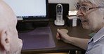 Senior woman, old couple talking and computer at home with elderly people and communication. Conversation, marriage and retirement of female and man relax in a house online with love and care