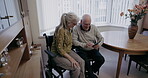 Happy senior couple, mobile phone and home on social media, internet and online news app. Old people, cellphone and connection in living room, house and apartment with technology, network and search