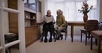 Old couple with album, memory and life with retirement together, relax with communication and pictures. Love, care and retired people in nursing home, memories and talking with elderly man and woman