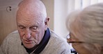 Relax, senior couple and talking in a living room, happy and smile while enjoying a peaceful morning in their home. Love, elderly and old man with woman in lounge, content and satisfied in retirement
