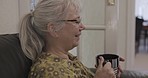Old woman, face and retirement with coffee and conversation, relax in nursing home or house with communication. Mindset, calm and peace with talking and female profile, enjoy hot drink and happy