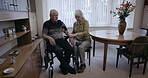 Blood pressure, retirement couple and home for medical test of cholesterol, hypertension and cardiology. Senior people check arm pulse to monitor heart health, diabetes risk or cardiovascular support