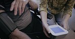 Blood pressure, old couple and home check for, cholesterol, health test and hypertension. Senior man, woman and people monitor arm pulse, diabetes risk and cardiovascular wellness for medical support