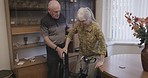 Senior couple, walking help and support for elderly woman with a disability and man helping. Love, partner care and marriage of people in retirement and nursing home together with compassion