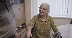 Happy, senior couple and communication of a woman talking with love in retirement. Marriage, grandmother and laughing of a elderly person feeling relax and peace together while speaking in a house