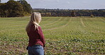 Relax, nature and peace with woman in field for zen, sunshine and breathing fresh air. Travel, growth and summer landscape with girl enjoying countryside park for sunset, freedom and happiness