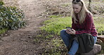Farming, phone and woman in nature, agriculture or sustainability on 5g app, social media or eco friendly blog. Smartphone, mobile and internet search for person, farmer or agro communication network