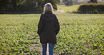 Walking, nature and freedom of woman outdoors on a farm, land and nature in the countryside on vacation or holiday. Lonely, alone and female farmer on farmland to clear her mind for peace and calm