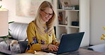 Laughing, laptop and search with woman in home office for freelancer, remote work and website. Business, communication and internet with female typing for email, networking and online administration