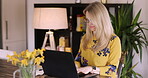 Planning, laptop and search with woman in home office for freelancer, remote work and website. Business, communication and internet with female typing for email, networking and online administration