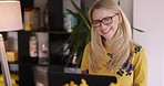 Face, woman and entrepreneur with remote work from home, smile and success with new project, planning and ideas. Portrait, female employee or happy freelancer with happiness, growth and data analysis