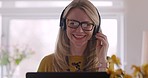 Call center, customer support and woman doing an online consultation with a laptop in her home. Contact us, crm and professional female telemarketing representative working on a computer in workspace