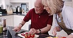 Tablet, help and cooking, old couple in kitchen making brunch and bonding with love, healthy food and happiness. Online recipe, meal prep and old woman with man in home, happy retirement and diet.