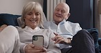 Speaking, phone and happy old couple laugh, talking and reading funny online news article, blog post or social media. Love hug, bond or relax elderly man, woman or home people laughing at meme joke