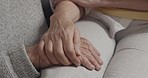 Holding hands, senior couple and support of elderly people with trust, love and guidance from grief. Help, compassion and marriage of old woman and man together with respect and loving hand sign