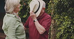 Love, laugh and happy with old couple in park for bonding, affectionate and funny. Romance, retirement and support with senior man and woman in nature for happiness, partnership and wellness
