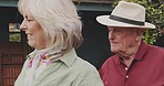Garden, dance and happy senior couple outdoors for bonding, quality time and having fun together. Retirement, marriage and in love elderly man and woman in backyard dancing, laughing and sing at home
