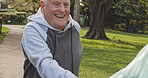 Health, senior couple and running for exercise, fitness and wellness being healthy together in nature. Retirement, man and woman enjoy workout and jog in a park or garden