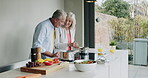Cooking, senior couple and breakfast food in the kitchen of a house. Elderly man and woman preparing a lunch on the stove at home