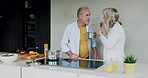Cooking, senior couple and taste breakfast food in the kitchen of a house. Elderly man and woman preparing a healthy lunch on the stove at home