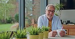 Happy, coffee and retirement with man in kitchen in the morning for breakfast. Relax, smile and senior male at home drinking tea