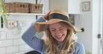 Summer, fashion and woman laughing with hat in home with fun, energy or model with happiness for memory of holiday or travel. Smile, funny pose and girl to laugh at clothes from vacation or past