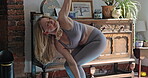 Relax, yoga and fitness with woman in living room for zen, peace and workout. Wellness, mental health and balance with female person and stretching at home for spiritual, freedom and mindfulness