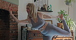 Peace, yoga and fitness with woman in living room for zen, relax and workout. Wellness, mental health and balance with female person and stretching at home for spiritual, freedom and mindfulness