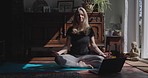 Woman, meditation and yoga home with laptop, virtual class room and personal trainer job on floor in sun. Pilates teacher, computer and zen for chakra balance, peace or mindfulness with typing on web