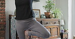 Peace, yoga and fitness with body of woman in living room for zen, relax and workout. Wellness, mental health and balance with person and stretching at home for spiritual, freedom and mindfulness