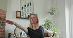 Balance, yoga and fitness with woman in living room for zen, relax and workout. Wellness, mental health and relax with female person and stretching at home for spiritual, freedom and mindfulness