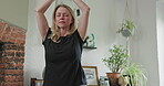 Meditation, yoga and fitness with woman in living room for zen, relax and workout. Wellness, mental health and balance with female person and stretching at home for spiritual, freedom and mindfulness
