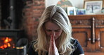 Mediation, yoga and relax with woman in living room for mental health, spiritual and fitness. Exercise, wellness and balance with portrait person at home for energy, floor workout and mindfulness