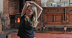 Peace, yoga and relax with woman in living room for mental health, spiritual and fitness. Zen, meditation and balance with female person stretching at home for energy, floor workout and mindfulness 