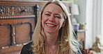 Smile, funny and portrait of woman yoga training happy for mindfulness, peace and exercise in a home or apartment. Laughing, face and person with positive mindset after wellness workout in a house