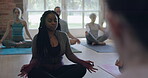 Yoga, peace and meditation with black woman in studio for relax, health and workout. Wellness, spiritual and exercise with group of people in class for pilates, mindfulness and holistic healing